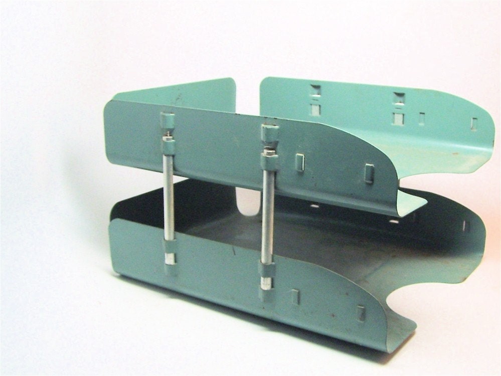 MidCentury Modern Vintage Heavy Metal Double Decker Desk Top File Tray