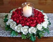 Candle Centerpiece With Red and White Roses