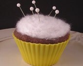 Cupcake Pincushion / Pin Cushion - Chocolate in Yellow Liner with Vanilla Frosting