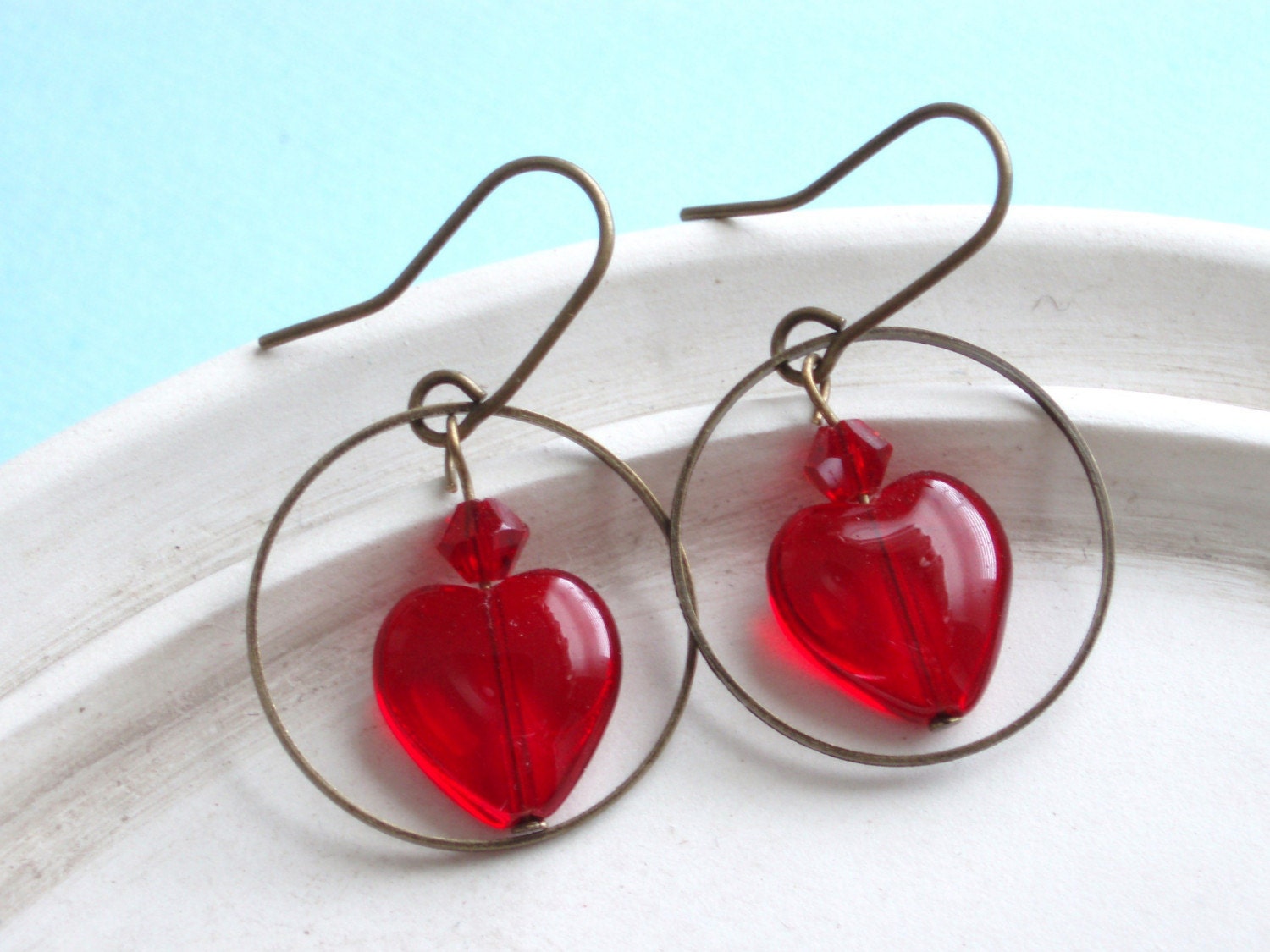 My One and Only Love - Red Heart and Brass Hoop Earrings