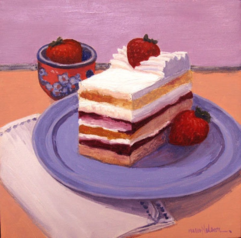 Strawberry Cake, Still life, Contemporary, Original oil painting 8 x 8 canvas