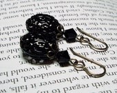Vintage Style Earrings - Jet Black Swarovski Crystal & Open Swirl Enamel