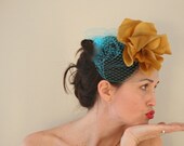 Josephine - Turquoise  Russian Birdcage Veil With Yellow Gold Couture Flower fascinator - The Le Chic Colore Collection