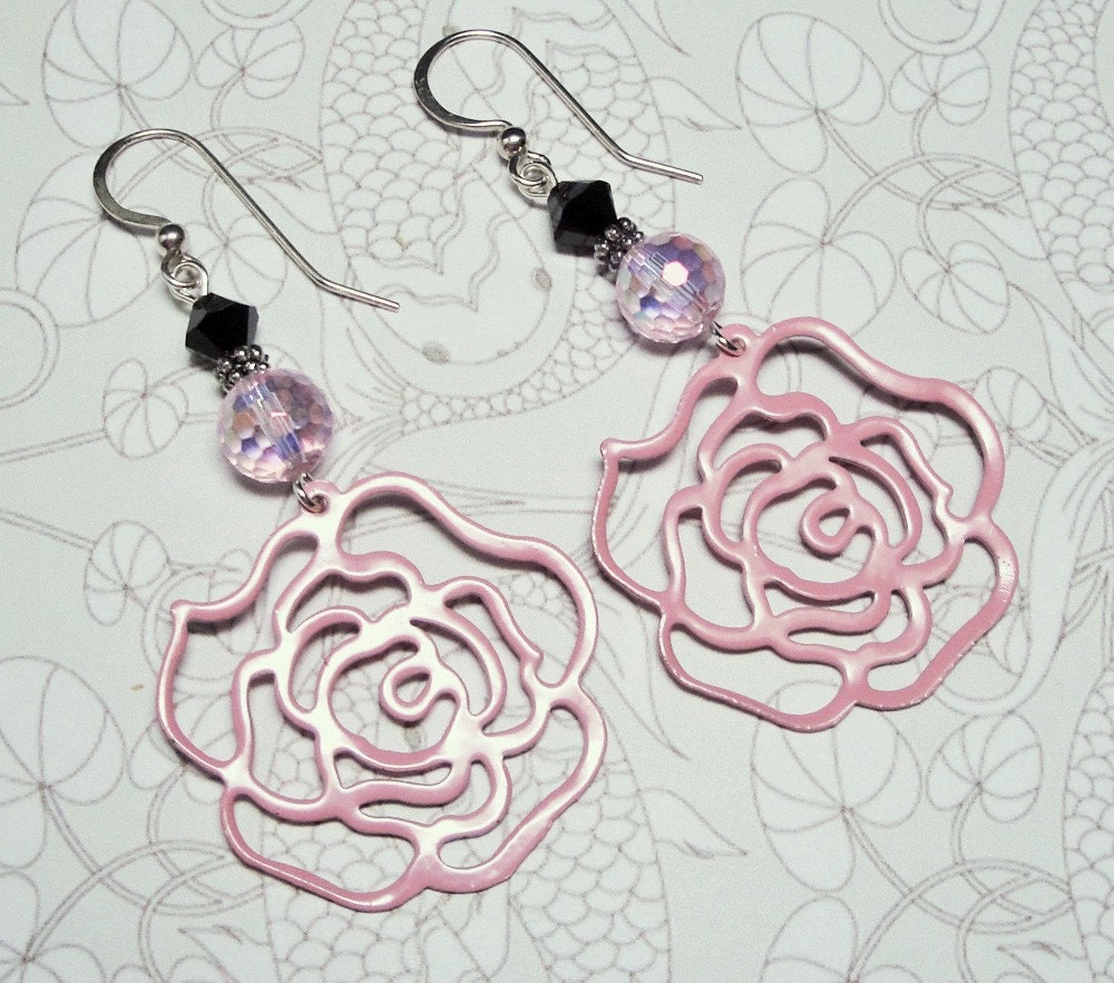 Sterling Silver Earrings - Pink Metal Rose & Crystals