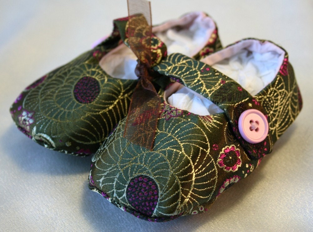Pretty as a Peacock Green Brocade Baby Mary Janes