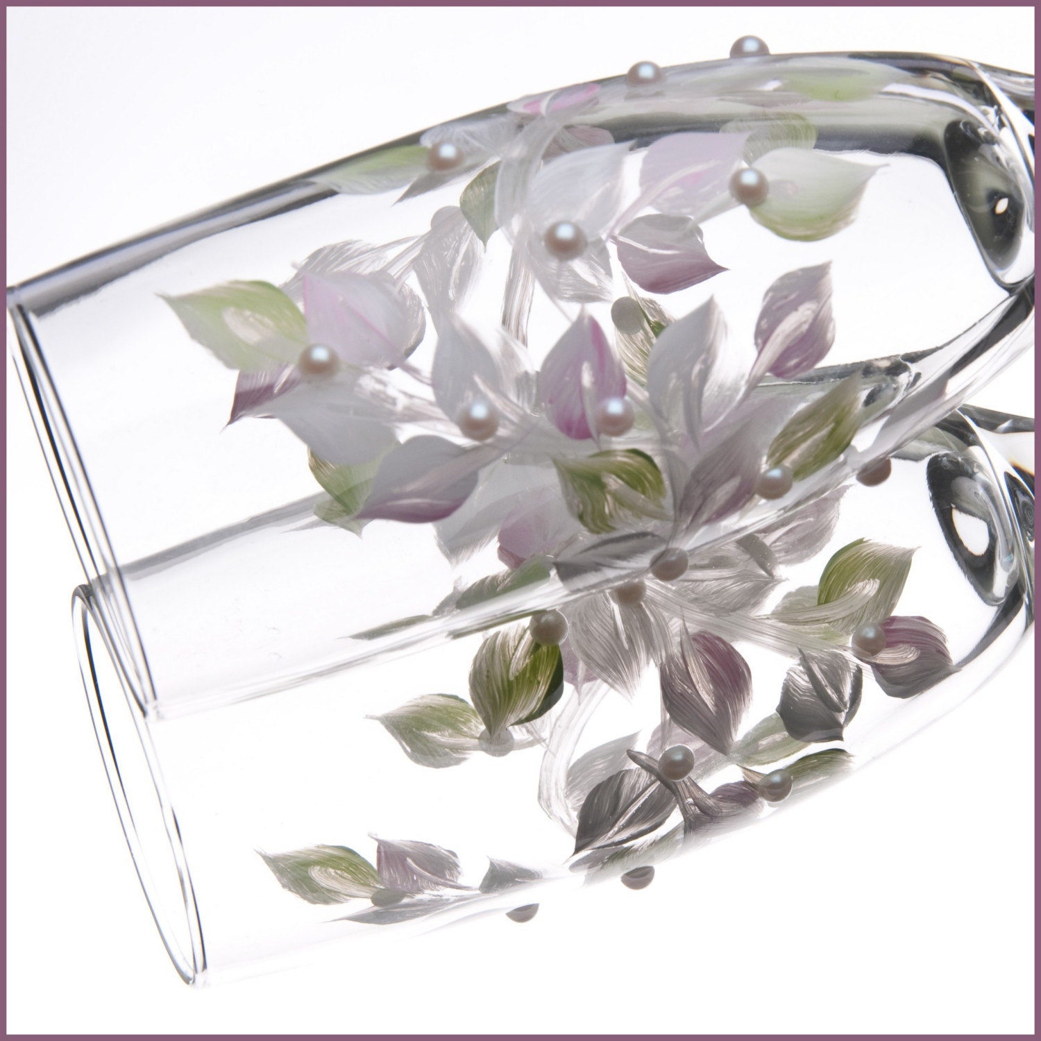 Hand Painted Blush Pink and Spring Green Pearl Leaf Champagne Flutes Set of Two