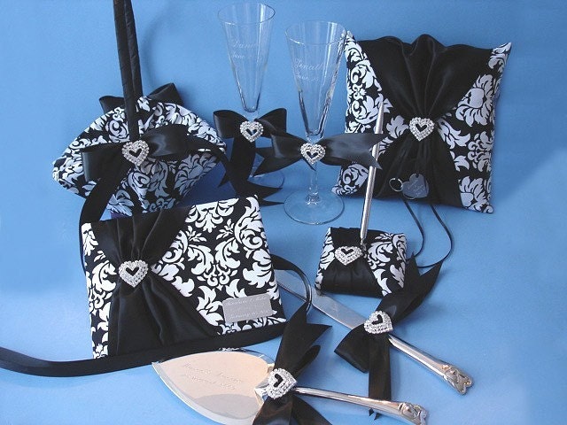 Damask Wedding Accessories, Guest Book, Pen, Flower Girl Basket, Ring Bearer Pillow, Cake Serving Set, Toasting Flutes with Engraving