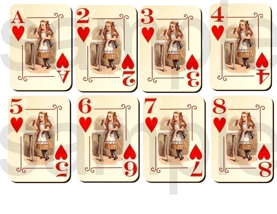 Vintage 1920s Tenniel ALICE in WONDERLAND... Altered Playing Cards...HEARTS Suit...2 Digital Collage Sheets