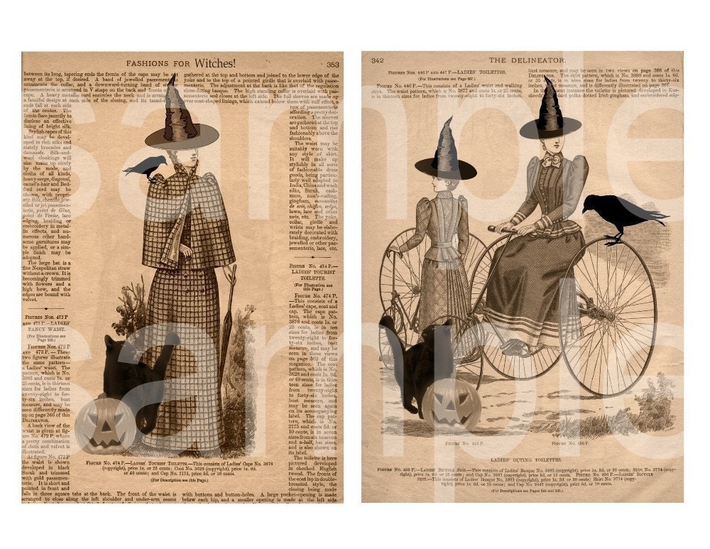 WITCHES...19th Century Altered Delineator Fashion Page Witch..with crows...5 x 7 and ATC sized ...on 3 Digital Collage Sheets