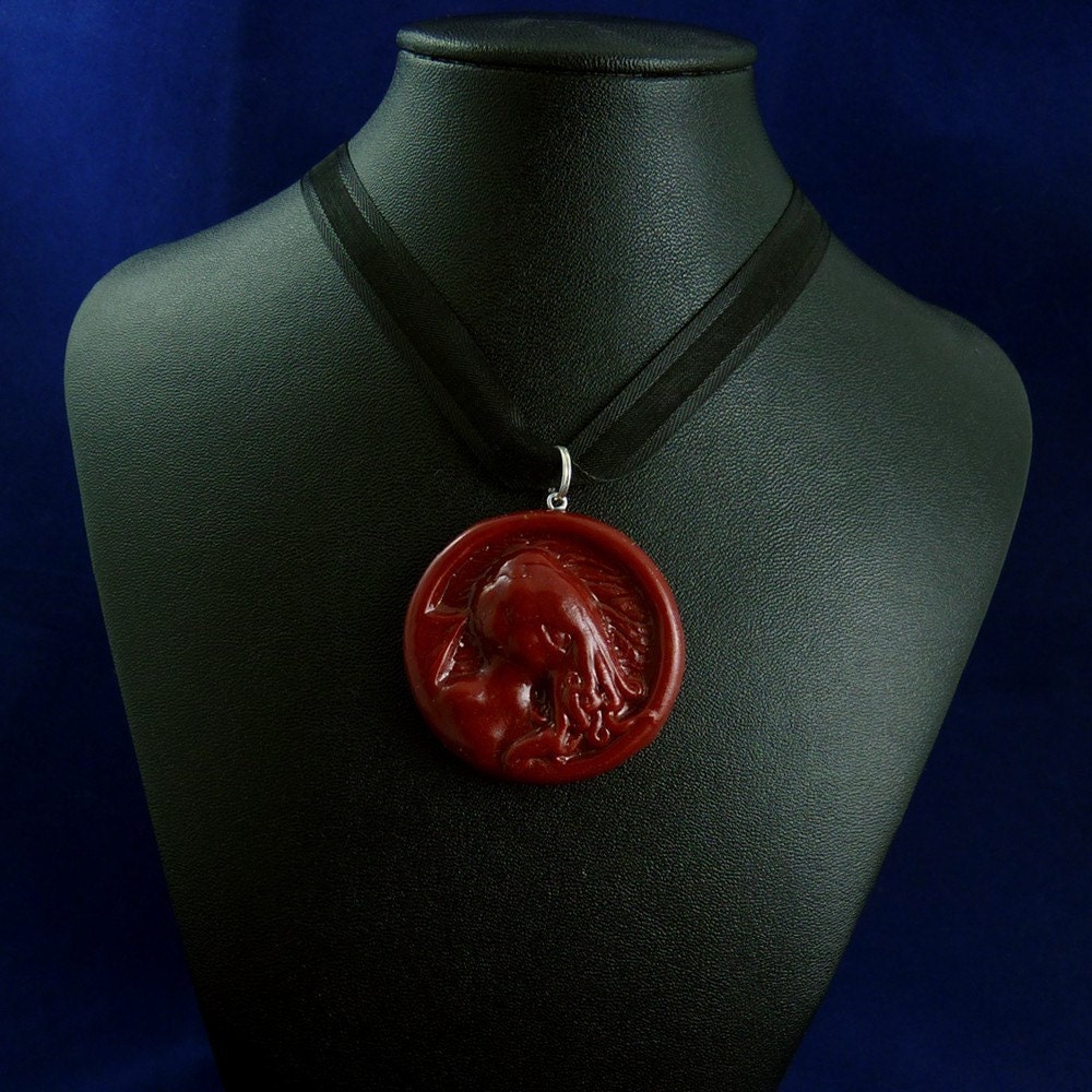 Burgundy Cthulhu Cameo Necklace - Polymer Clay Jewelry