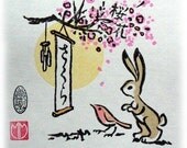 Sakura. Cherry Blossoms with Rabbit and Robin. Woodblock Print.