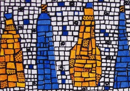 Wine Bottles Orange Blue OOAK Mosaic Painting M Collins WWAO