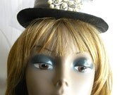 Black Hat with  Pearl and Rhinestone Flower, and Sparkle Gunmetal Tulle Pouf  Band