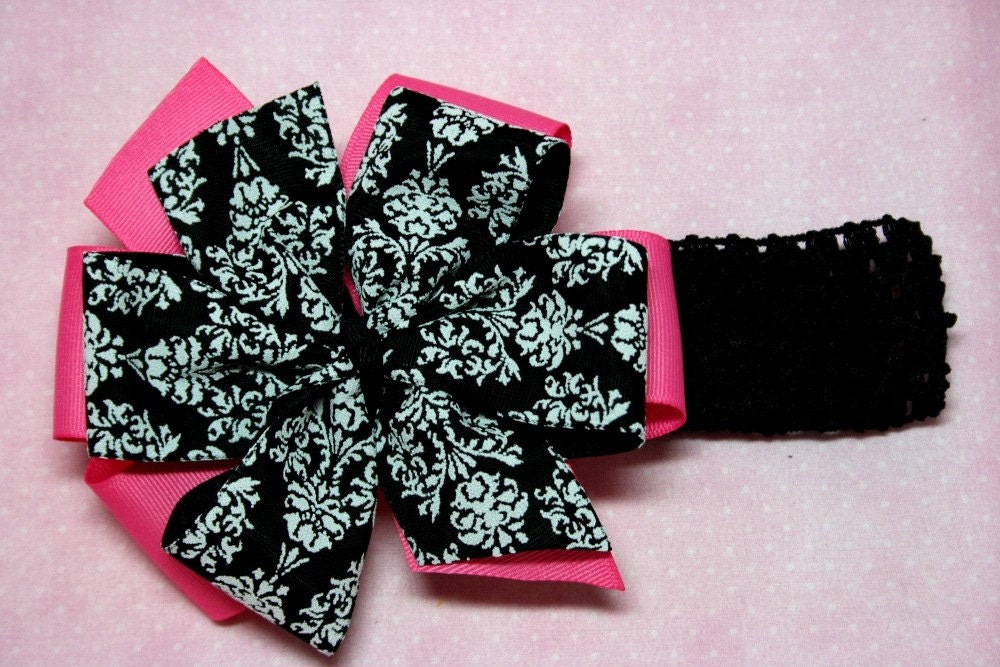 Baroque Floral Black and Hot Pink Boutique Bow with Headband