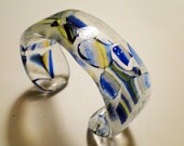 Blue and Yellow Marble Chip Fused Glass Cuff Bracelet