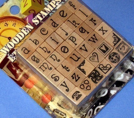 ALPHABET mounted rubber STAMP SET 36 pcs and DECORATIVE hearts - Great for scrapbooking collage altered art LOWER CASE