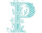 Hand drawn monogrammed print, 8x10, the Letter P, in the color blue