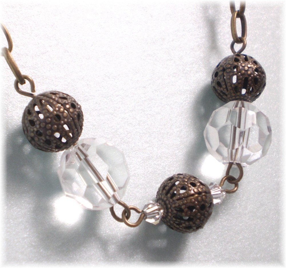 Czech Glass Necklace with Clear Crystals and Brass Filigree Beads on Brass Chain