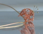 Necklace Pendant - crocheted pure copper stylized modern 3D flower pendant on 18 inch vintage brass collar - Mystic Garden