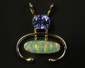 Blue Sapphire and Lightening Ridge Australian Crystal Opal Pendant in 18 karat Gold YOU GO GRRRL