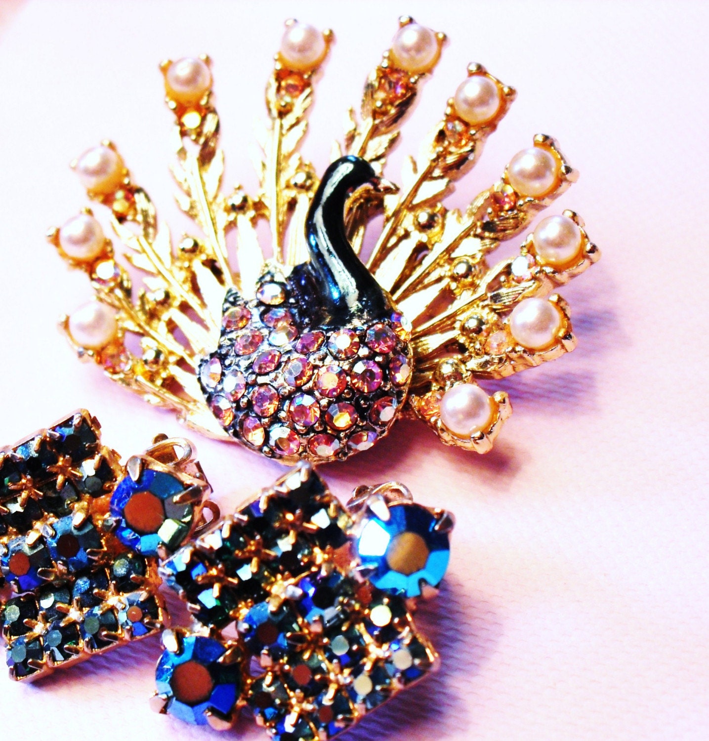 Original Vintage Peacock Brooch With Matching Earrings ON SALE