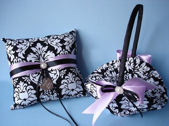 Personalized Damask Wedding Ring Bearer Pillow and Flower Girl Basket with Your Custom Accent Color, Pearls and Rhinestones
