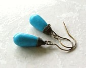 Earrings Turquoise Blue Stone and Brass Teardrop