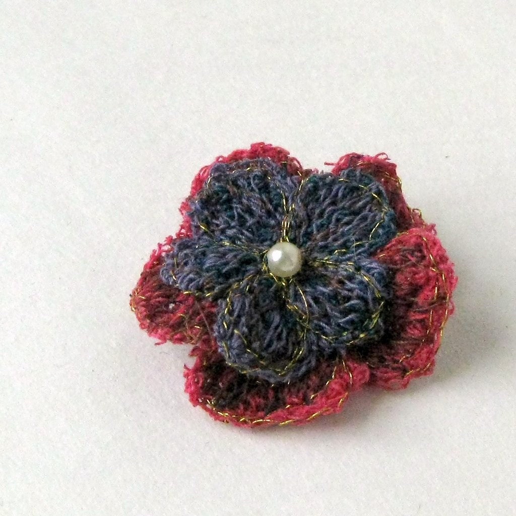 Brooch fiber art unique blue red Danish