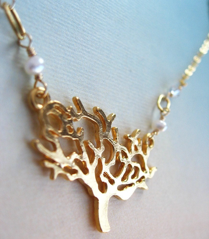 Diana Necklace - 16K gold plated tree pendant, pearls, Swarovski crystal, gold filled