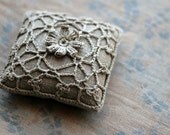 Linen  pincushion - crochet motif -- 8x8 cm