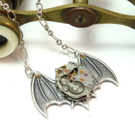 Batty Steampunk Necklace Gothic Wings Vintage Watch Movement Designed by Mystic Pieces