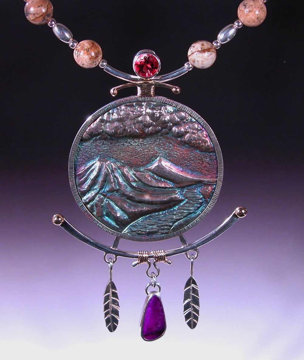 Necklace in Sterling Silver Red Sunstone, Gel Sugilite, 14 karat gold and Deschute Jasper Beads CASCADE SUNSET