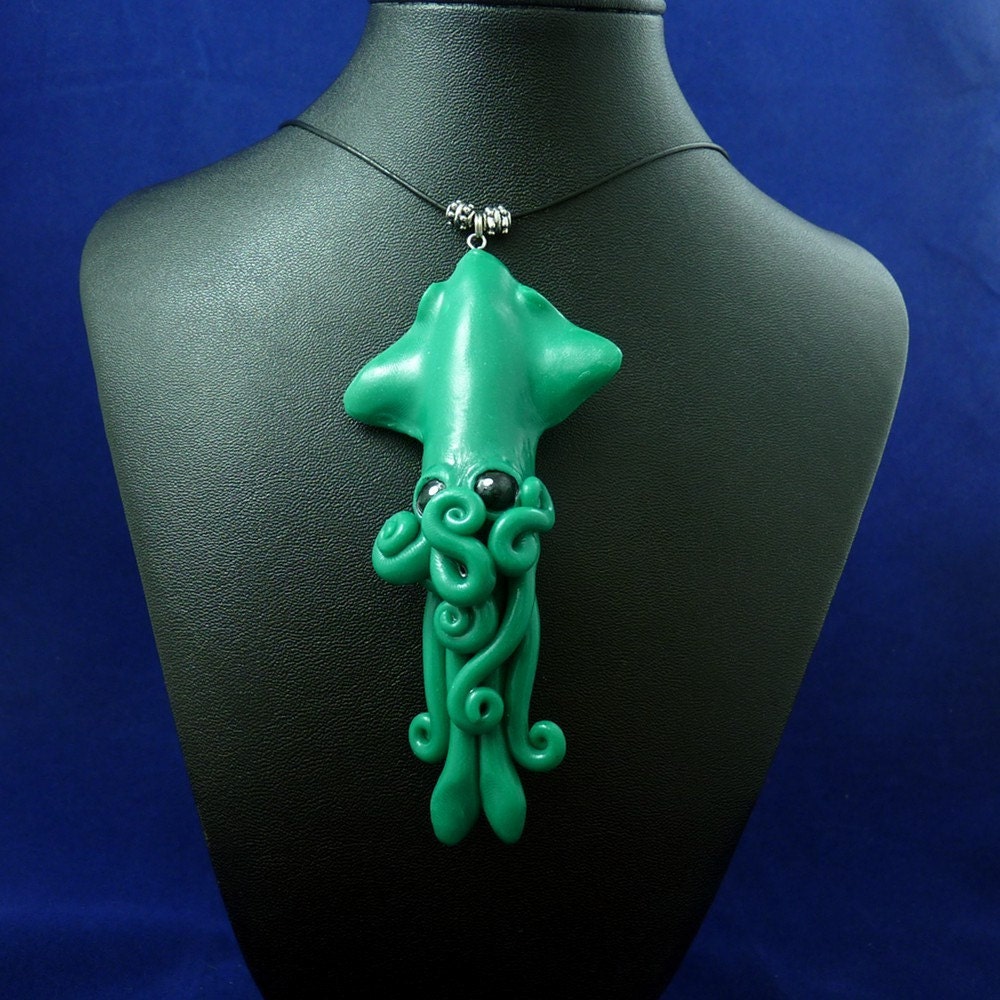 Jade Squid Necklace - Polymer Clay Squid Jewelry
