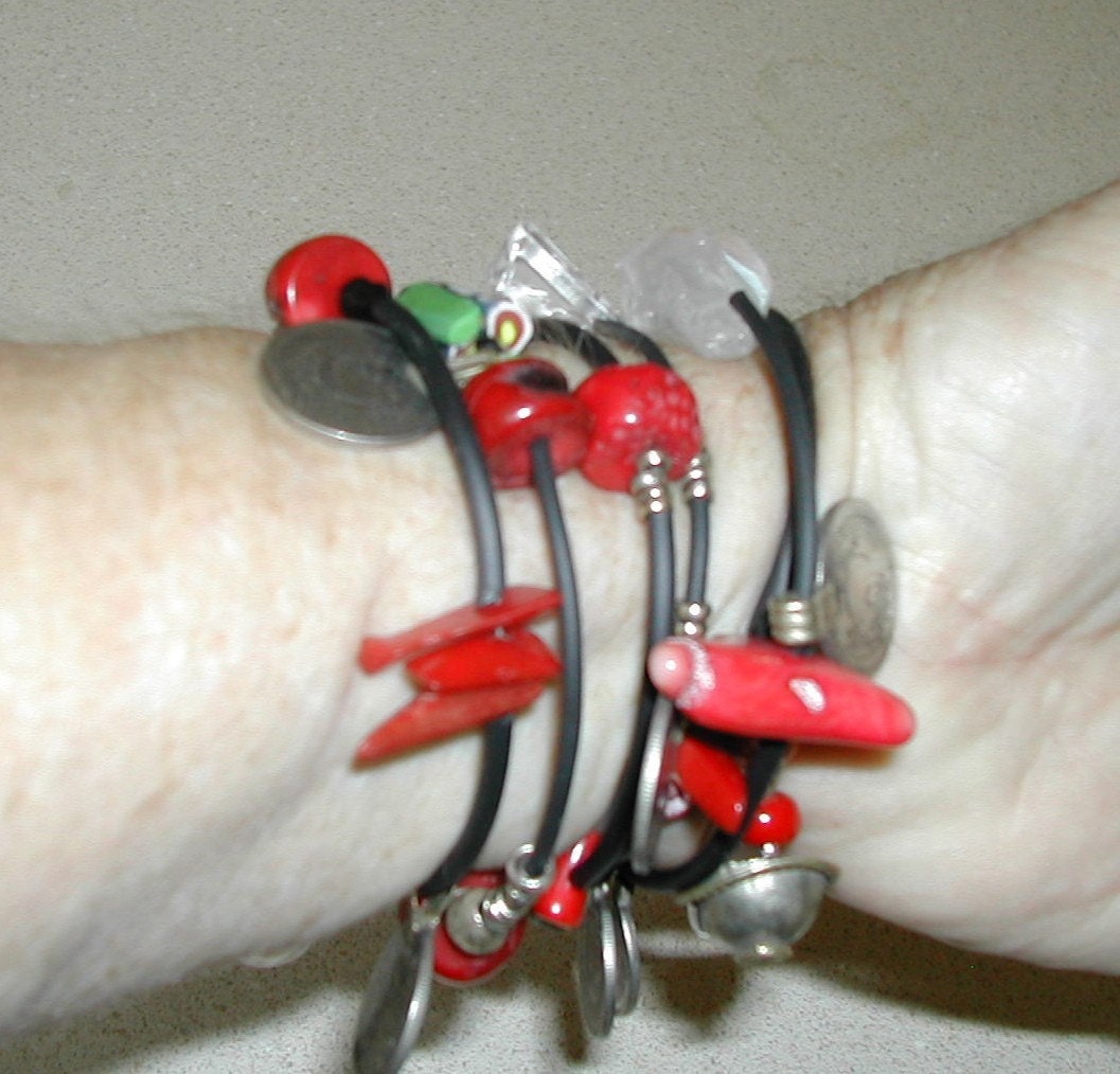 RED CORAL, CRYSTAL BLACK RUBBER  GLEANER WRAP BRACELET