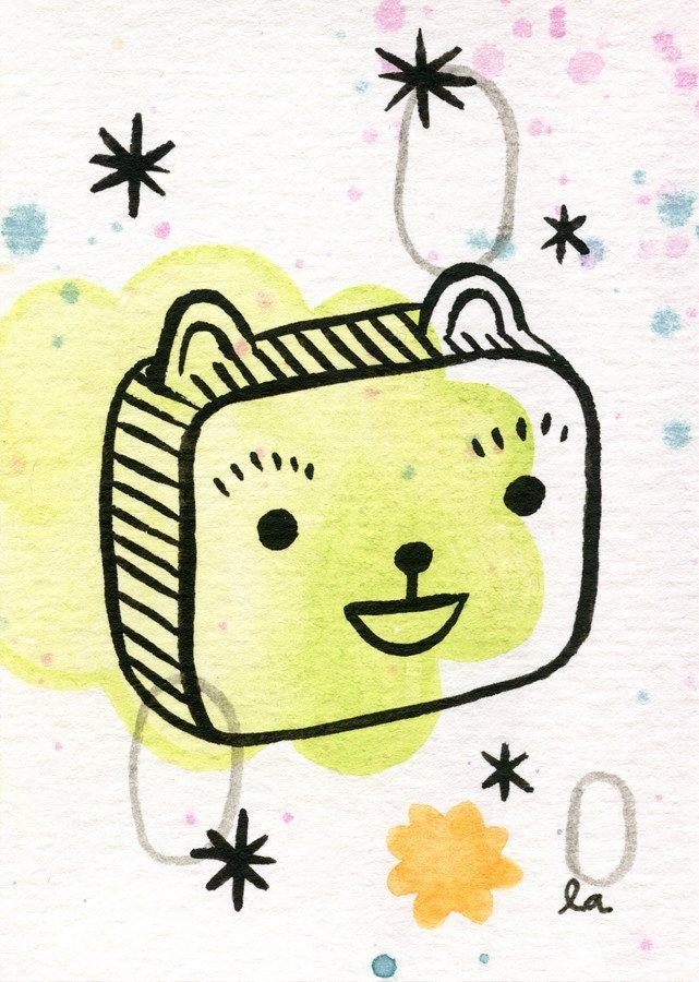 square bear original mini painting / drawing on paper
