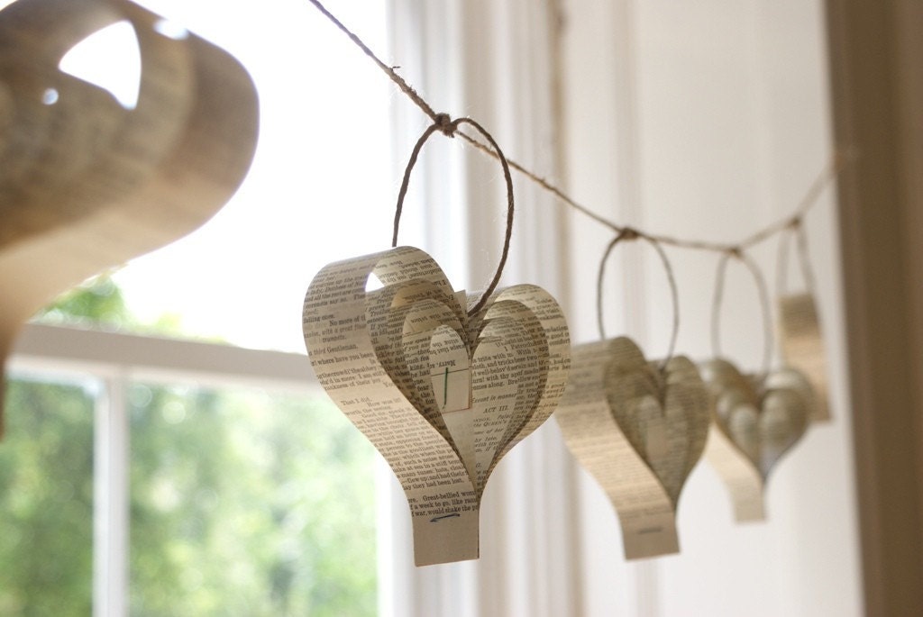 Recycled paper book garland, spring wedding, easter hearts, beige decor