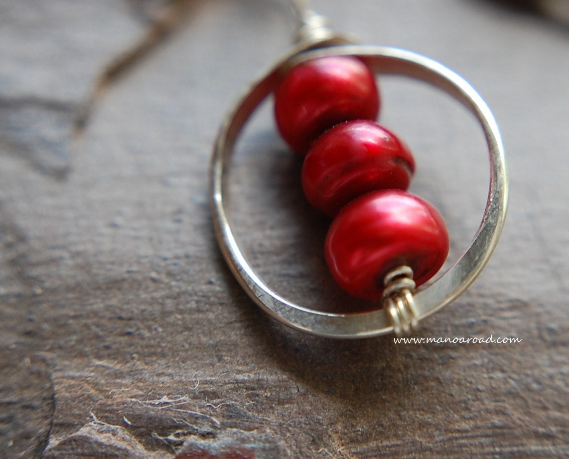 Halo Necklace - Hammered Sterling Silver, Cranberry Pearls