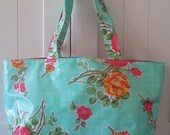 Beth's Aqua Vintage Rose Large Oilcloth Market Tote Bag