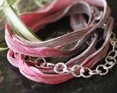 Ribbon and Sterling Chain Bracelet Pink
