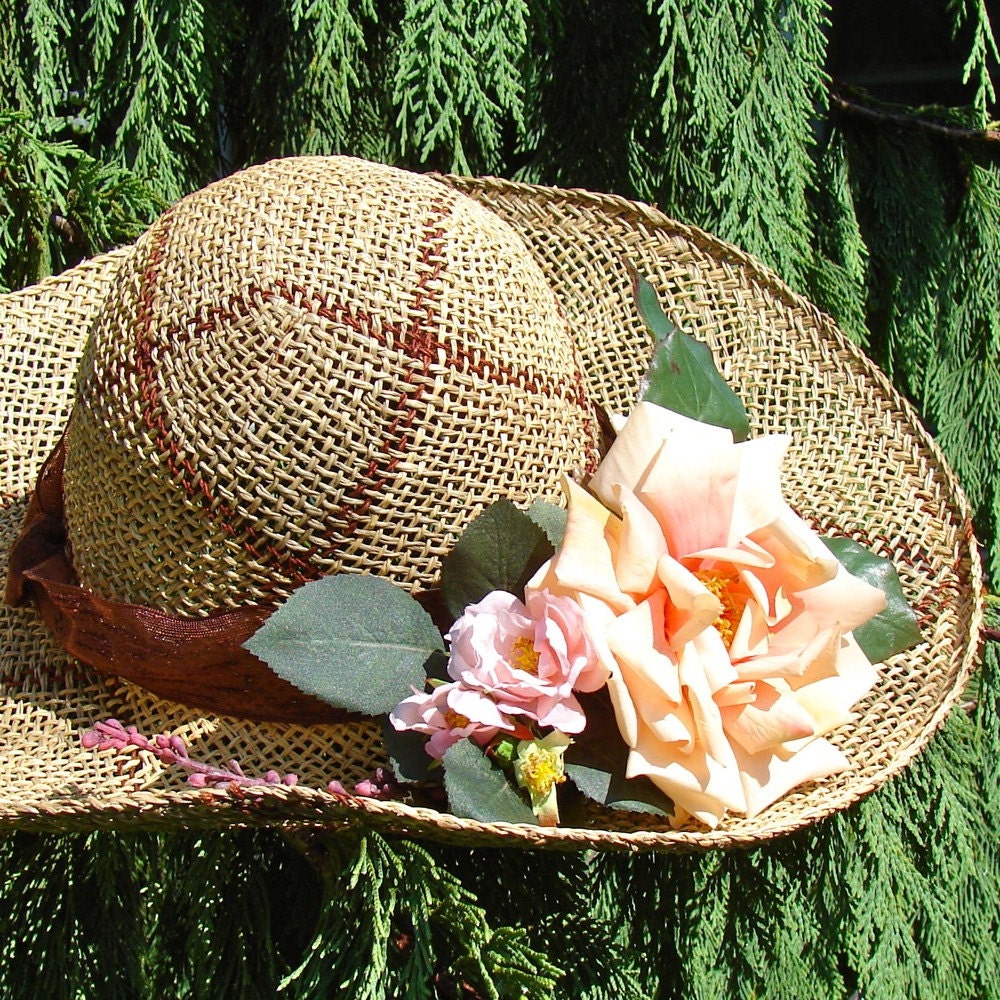 HAND MADE PLAID SEA GRASS STRAW HAT WITH PEACH TEA ROSE AND PINK WILD ROSES MADE IN MICHIGAN AND SOLD AT THE ANN ARBOR FARMERS MARKET