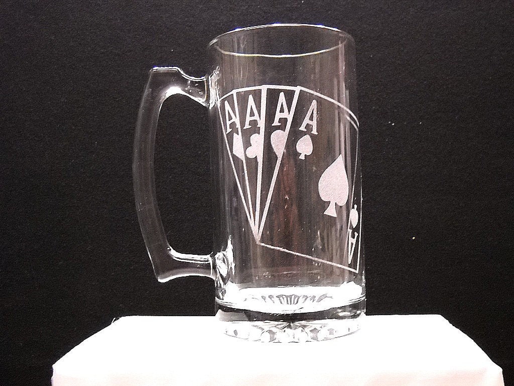 hand etched beer mug with the 4 aces