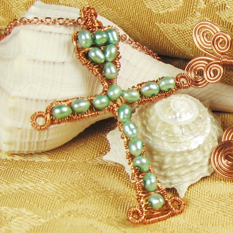 SeaFoam Pearl Cross Necklace