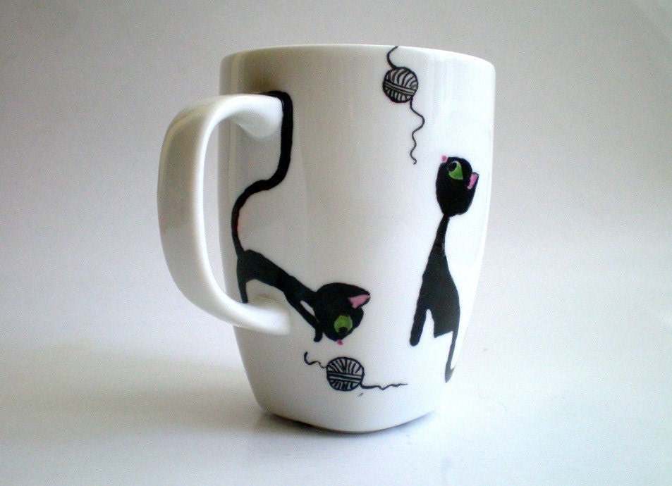 Playful Black Cats - Hand painted Mug  , Personalized Gift for Catlovers Petlovers -Made to Order-