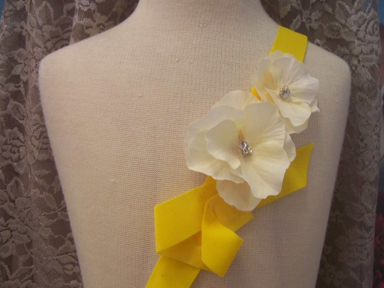 Yellow and Flower Headband or Flower Girl Sash