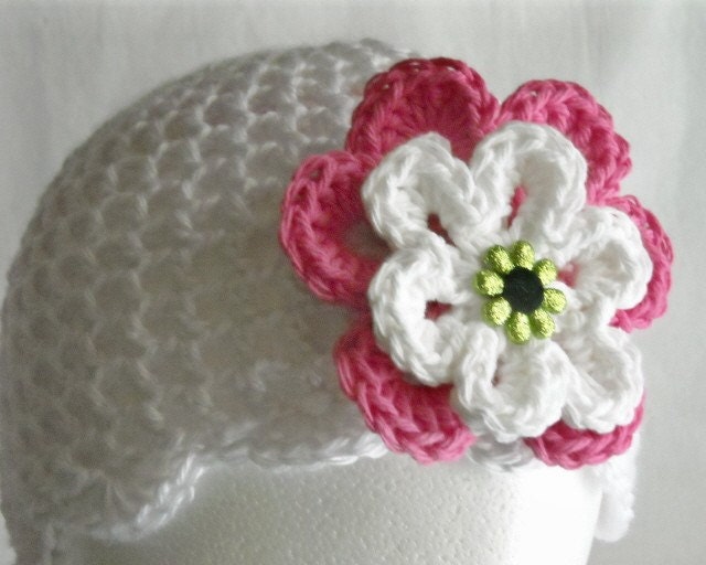 Lightweight Crochet Summer Hat White with Flowers Scalloped Edge Infant to Adult Sizes