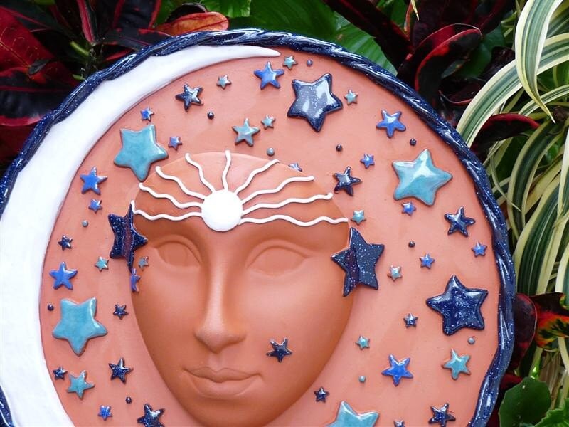 Goddess Ceramic Celestial Face Planter For The Home or Garden, Full Moon Goddess, Unique Handcrafted Garden Pottery