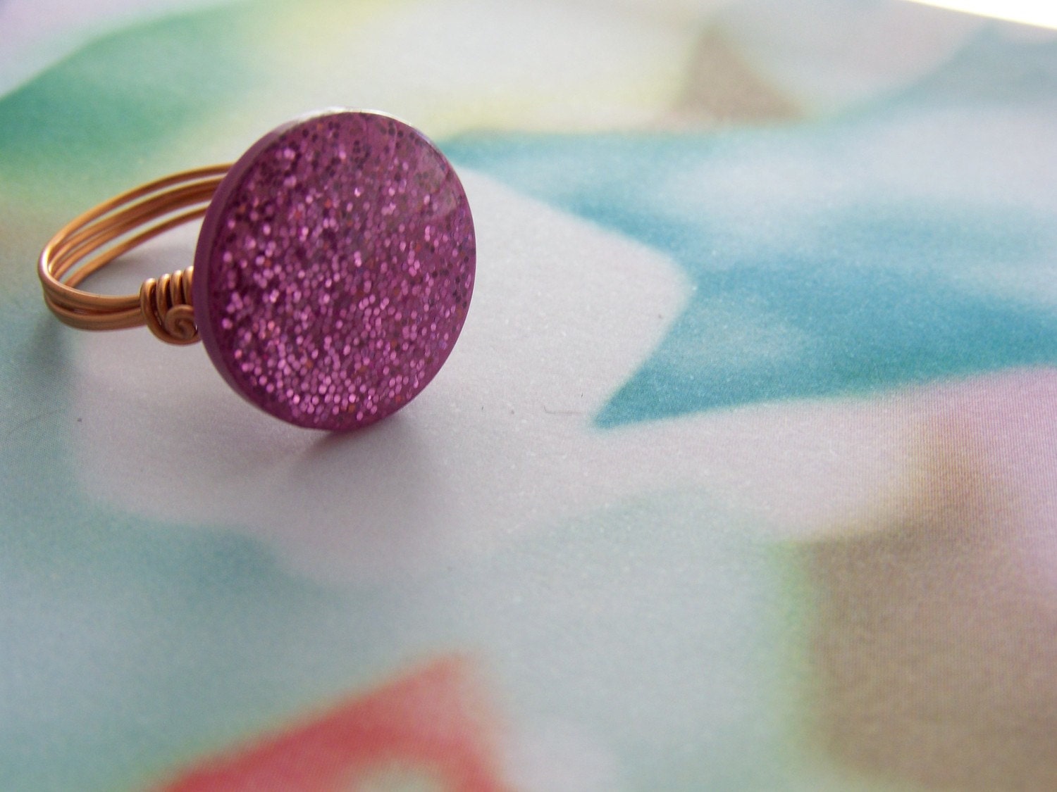 Copper Wire Wrapped Ring - OOAK w/purple glitter vintage button - size 5.5