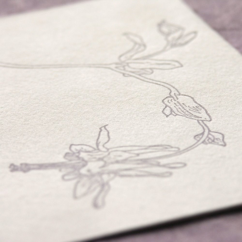 Columbine - Letterpress Wedding Invitation - lavender/cocoa on pearl
