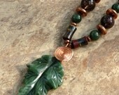 Necklace with Nephrite Jade Leaf, Copper, Tiger Iron and Rutilated Quartz