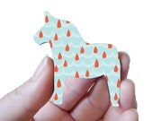 Dala Horse Wood Brooch, Blue Waves